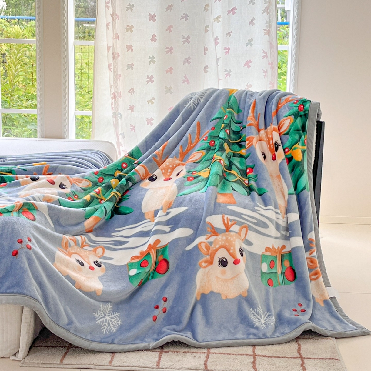 91家纺网 家纺一手货源 找家纺 雅萱-云貂绒毛毯法莱绒毛毯珊瑚绒毛毯羊羔绒毛毯 圣诞小鹿-蓝色