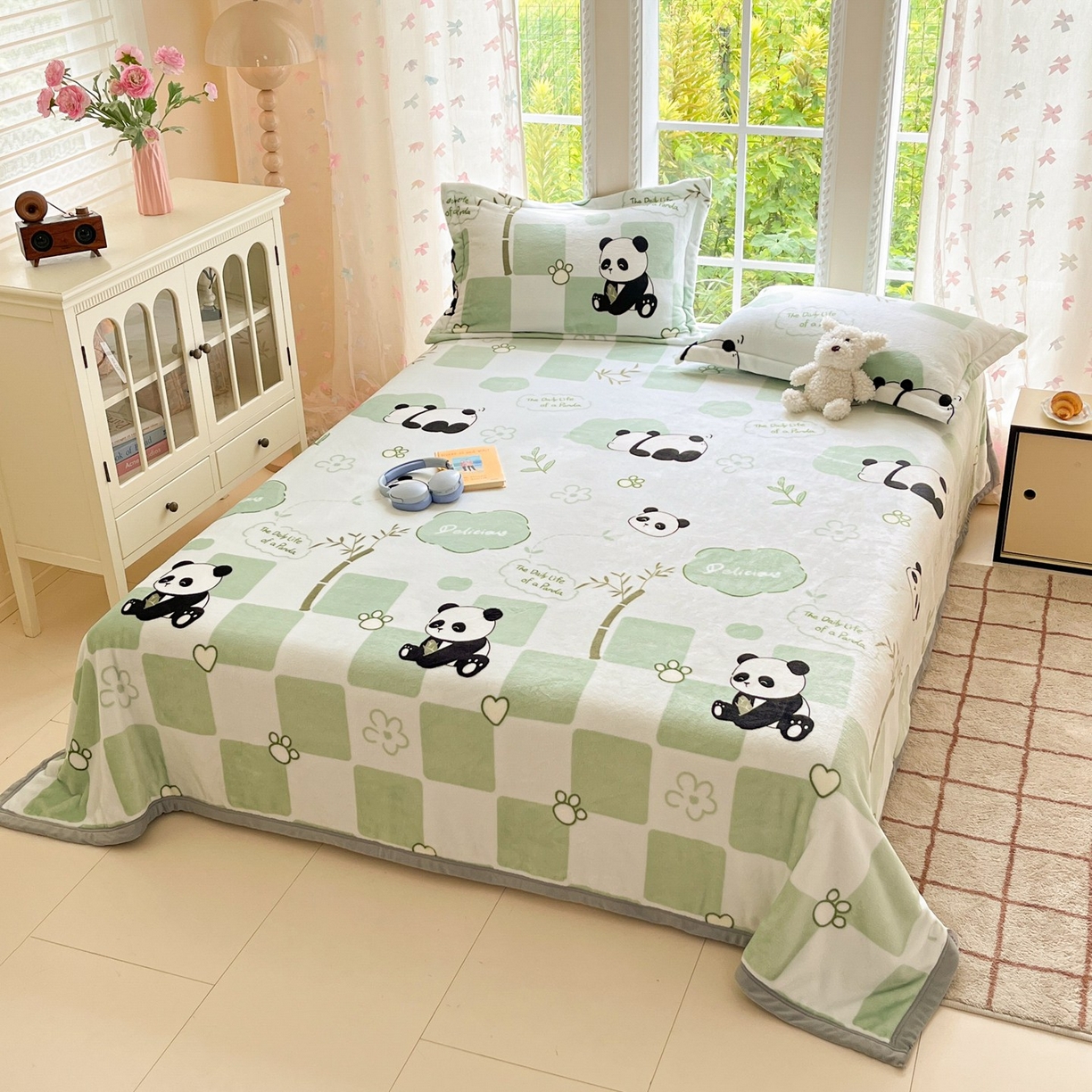 91家纺网 家纺一手货源 找家纺 雅萱-云貂绒毛毯法莱绒毛毯珊瑚绒毛毯羊羔绒毛毯 熊猫乐园-绿色