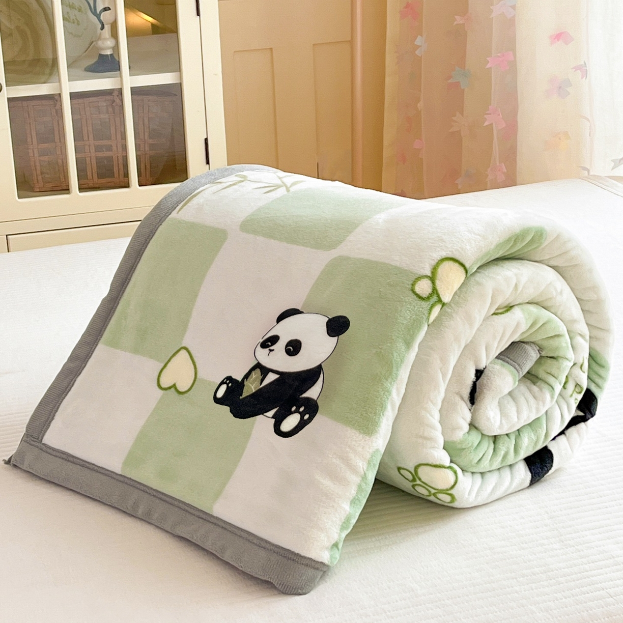 91家纺网 家纺一手货源 找家纺 雅萱-云貂绒毛毯法莱绒毛毯珊瑚绒毛毯羊羔绒毛毯 熊猫乐园-绿色