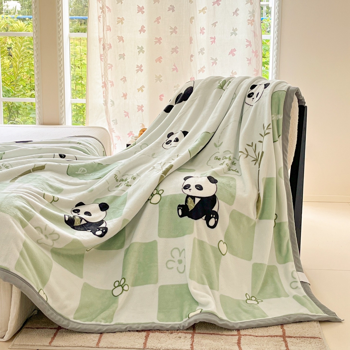 91家纺网 家纺一手货源 找家纺 雅萱-云貂绒毛毯法莱绒毛毯珊瑚绒毛毯羊羔绒毛毯 熊猫乐园-绿色