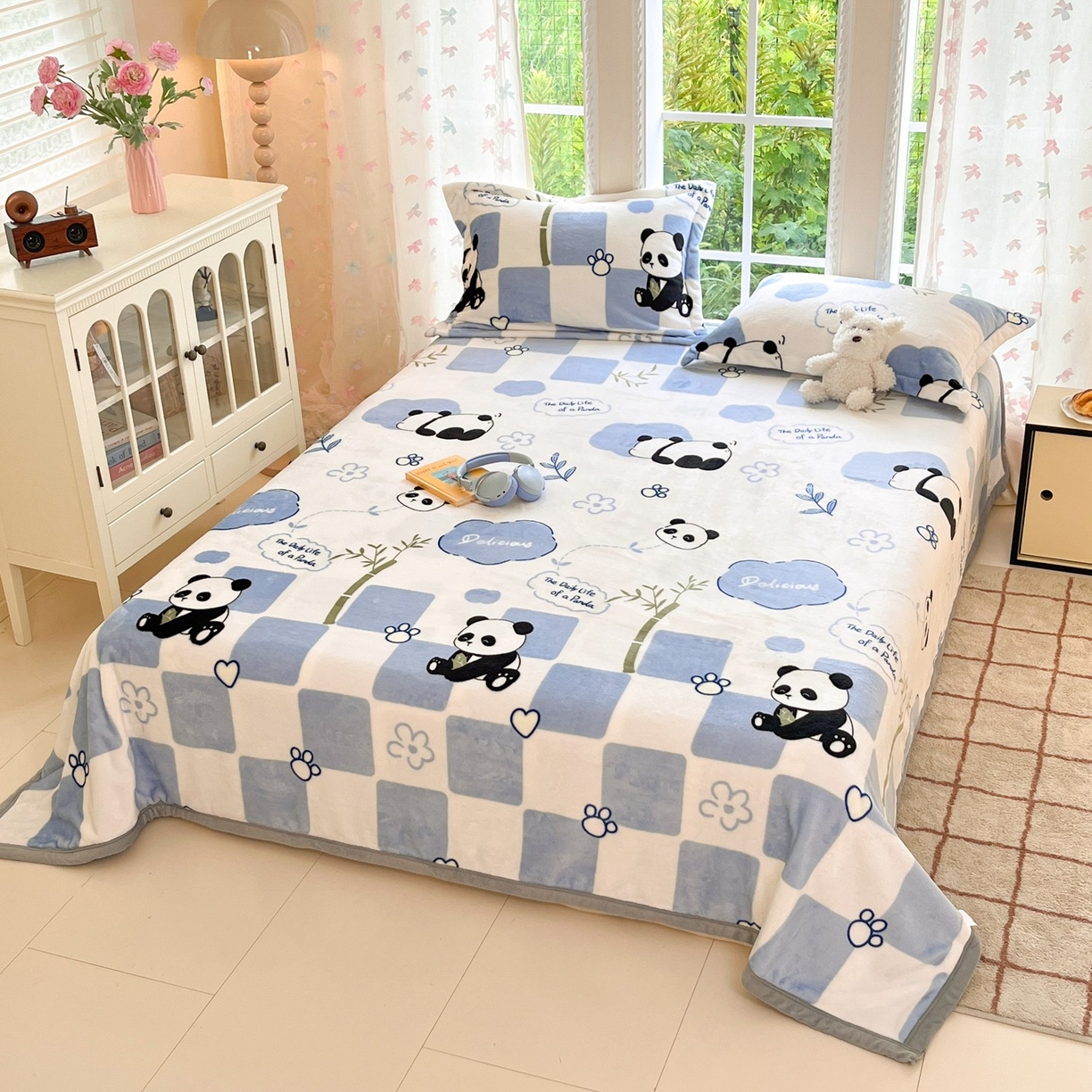 91家纺网 家纺一手货源 找家纺 雅萱-云貂绒毛毯法莱绒毛毯珊瑚绒毛毯羊羔绒毛毯 熊猫乐园-蓝色