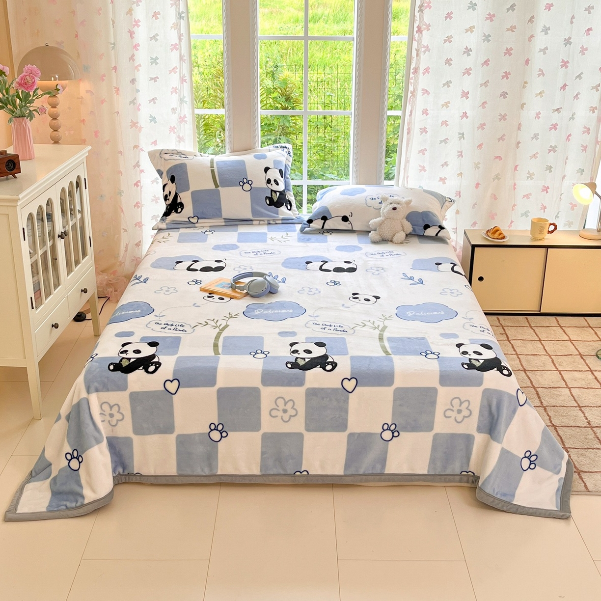 雅萱-云貂绒毛毯法莱绒毛毯珊瑚绒毛毯羊羔绒毛毯 熊猫乐园-蓝色