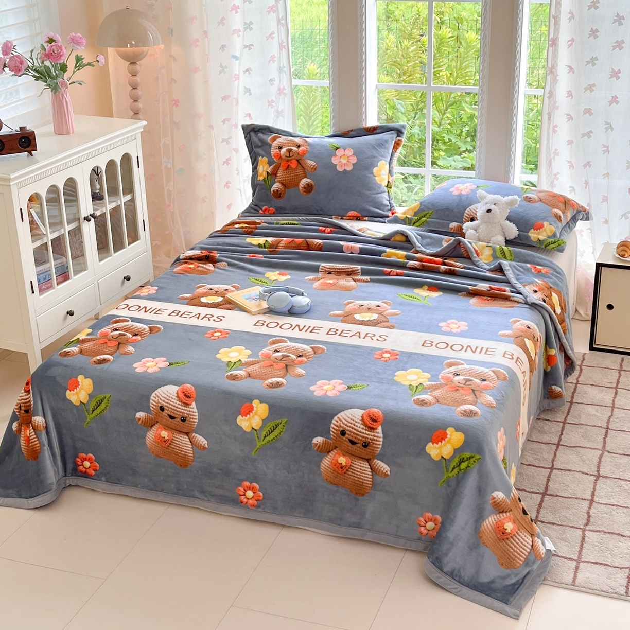 91家纺网 家纺一手货源 找家纺 雅萱-云貂绒毛毯法莱绒毛毯珊瑚绒毛毯羊羔绒毛毯 奶油小熊-灰