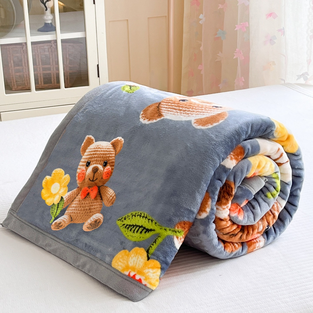 91家纺网 家纺一手货源 找家纺 雅萱-云貂绒毛毯法莱绒毛毯珊瑚绒毛毯羊羔绒毛毯 奶油小熊-灰