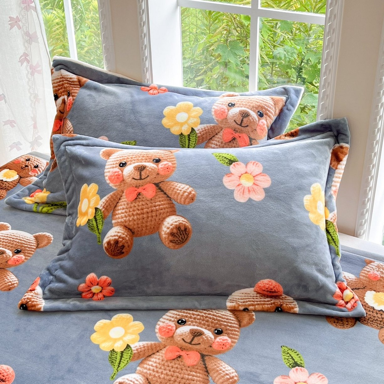 91家纺网 家纺一手货源 找家纺 雅萱-云貂绒毛毯法莱绒毛毯珊瑚绒毛毯羊羔绒毛毯 奶油小熊-灰