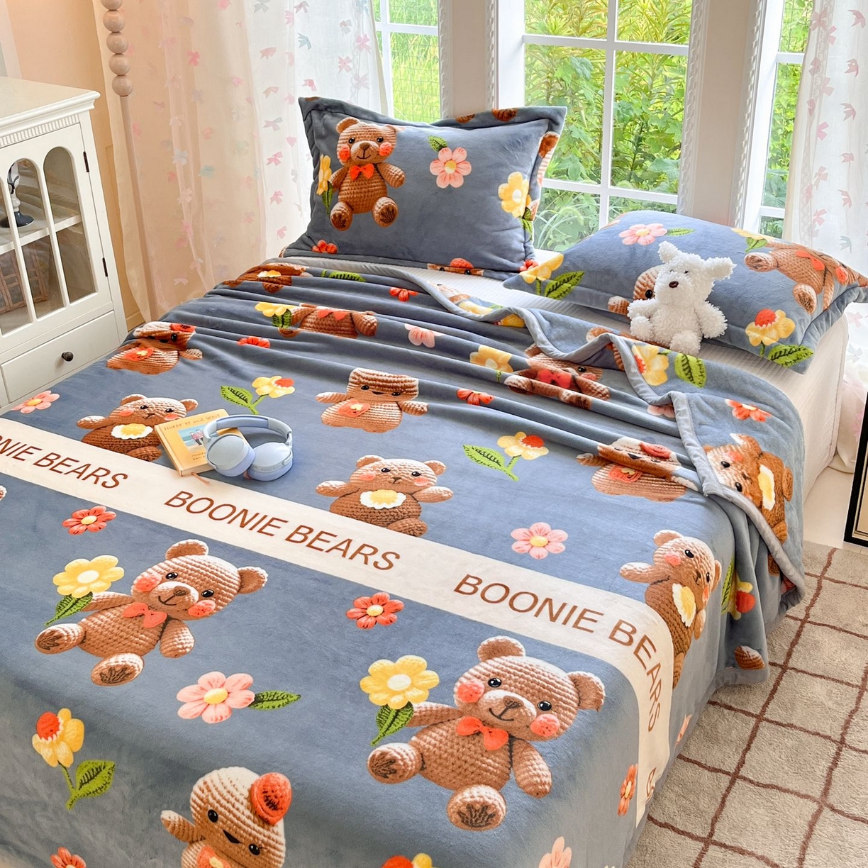 91家纺网 家纺一手货源 找家纺 雅萱-云貂绒毛毯法莱绒毛毯珊瑚绒毛毯羊羔绒毛毯 奶油小熊-灰