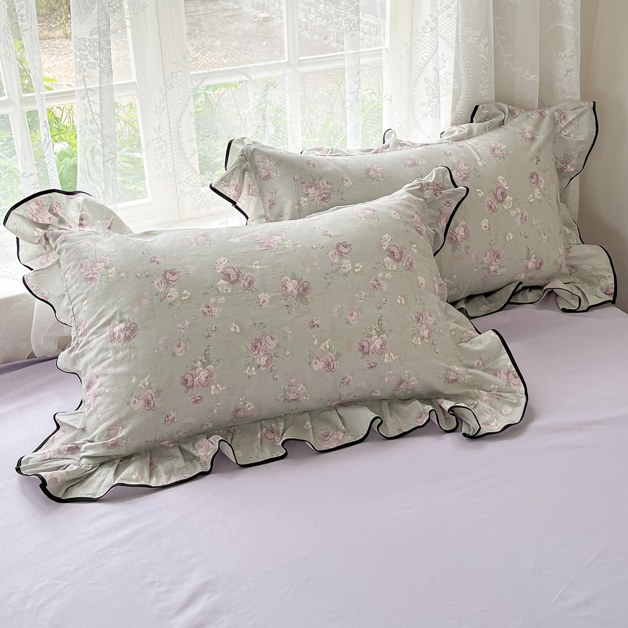 91家纺网 家纺一手货源 找家纺 乐美家纺 2025新款韩版全棉纯棉印花花边四件套 山樱漫语（紫）