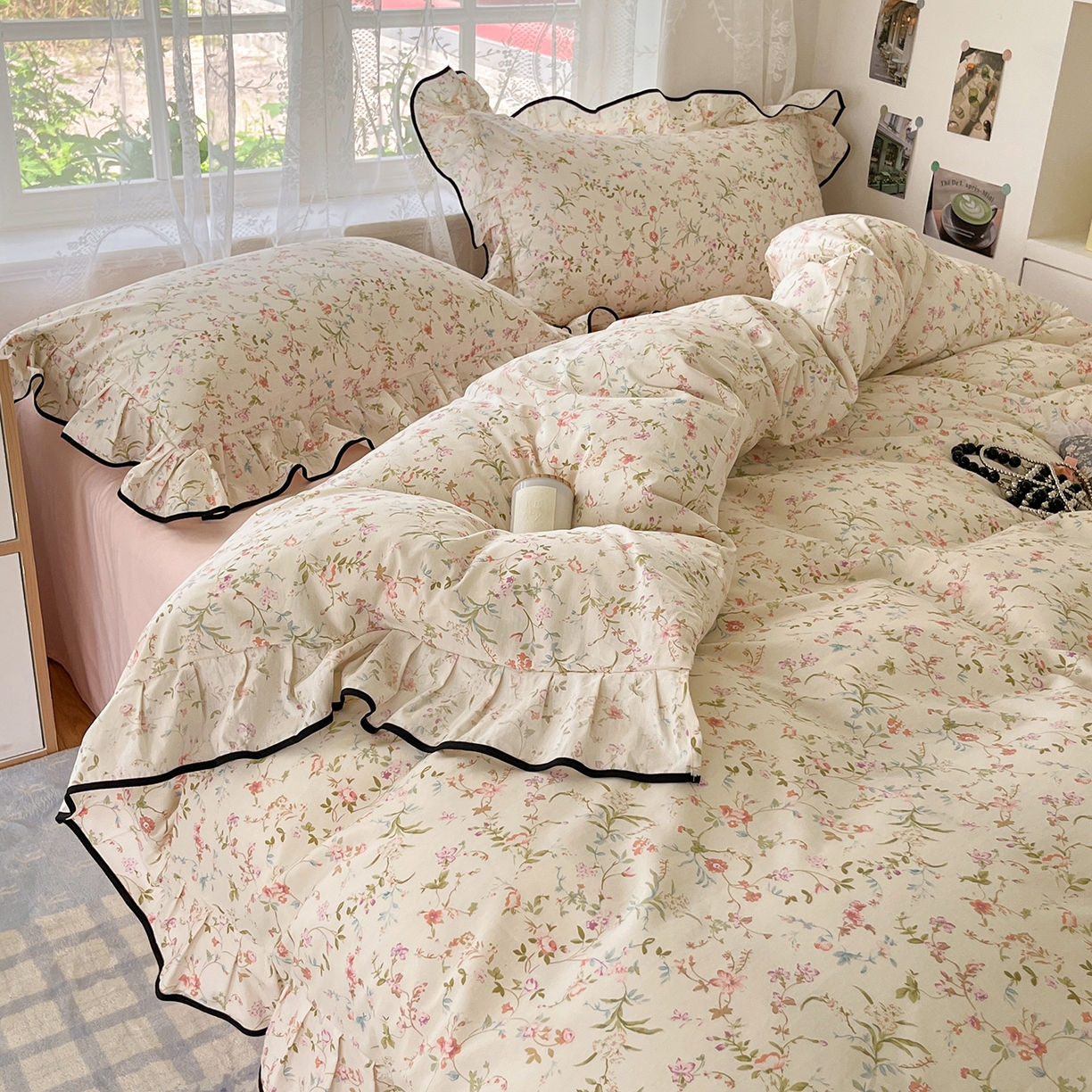 91家纺网 家纺一手货源 找家纺 乐美家纺 2025新款韩版全棉纯棉印花花边四件套 花蔓梦境