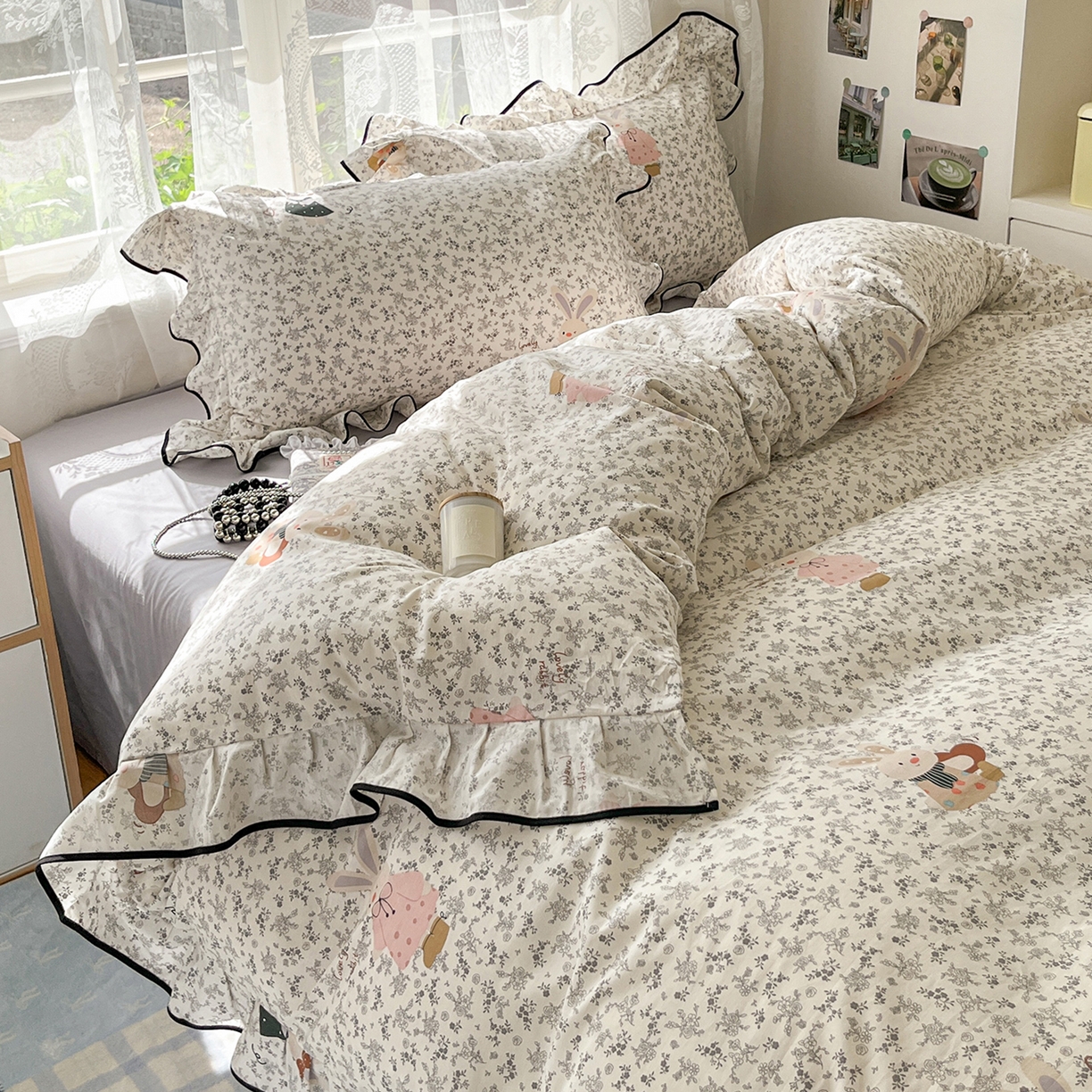 91家纺网 家纺一手货源 找家纺 乐美家纺 2025新款韩版全棉纯棉印花花边四件套 哆咪兔