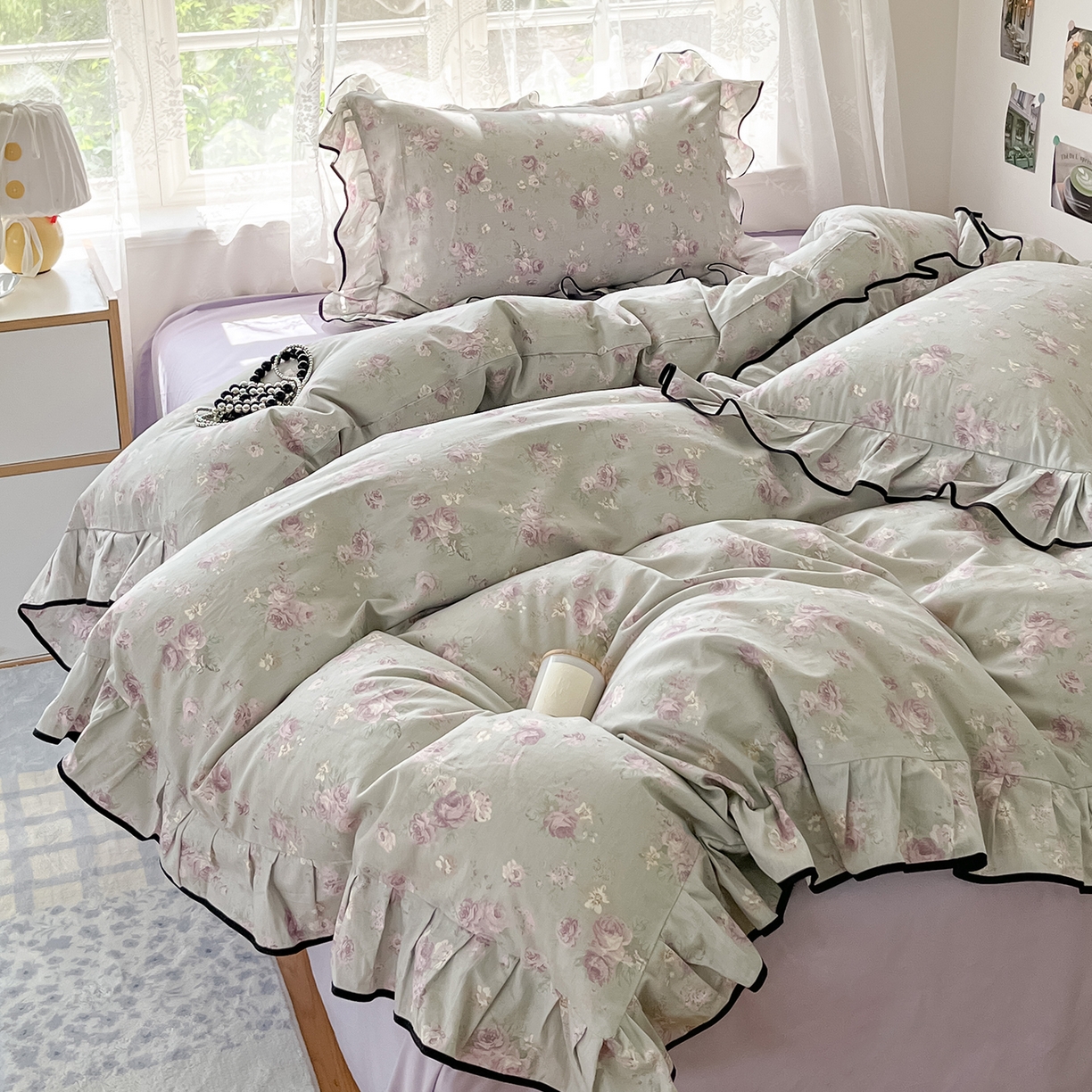 乐美家纺 2025新款韩版全棉纯棉印花花边四件套 山樱漫语（紫）