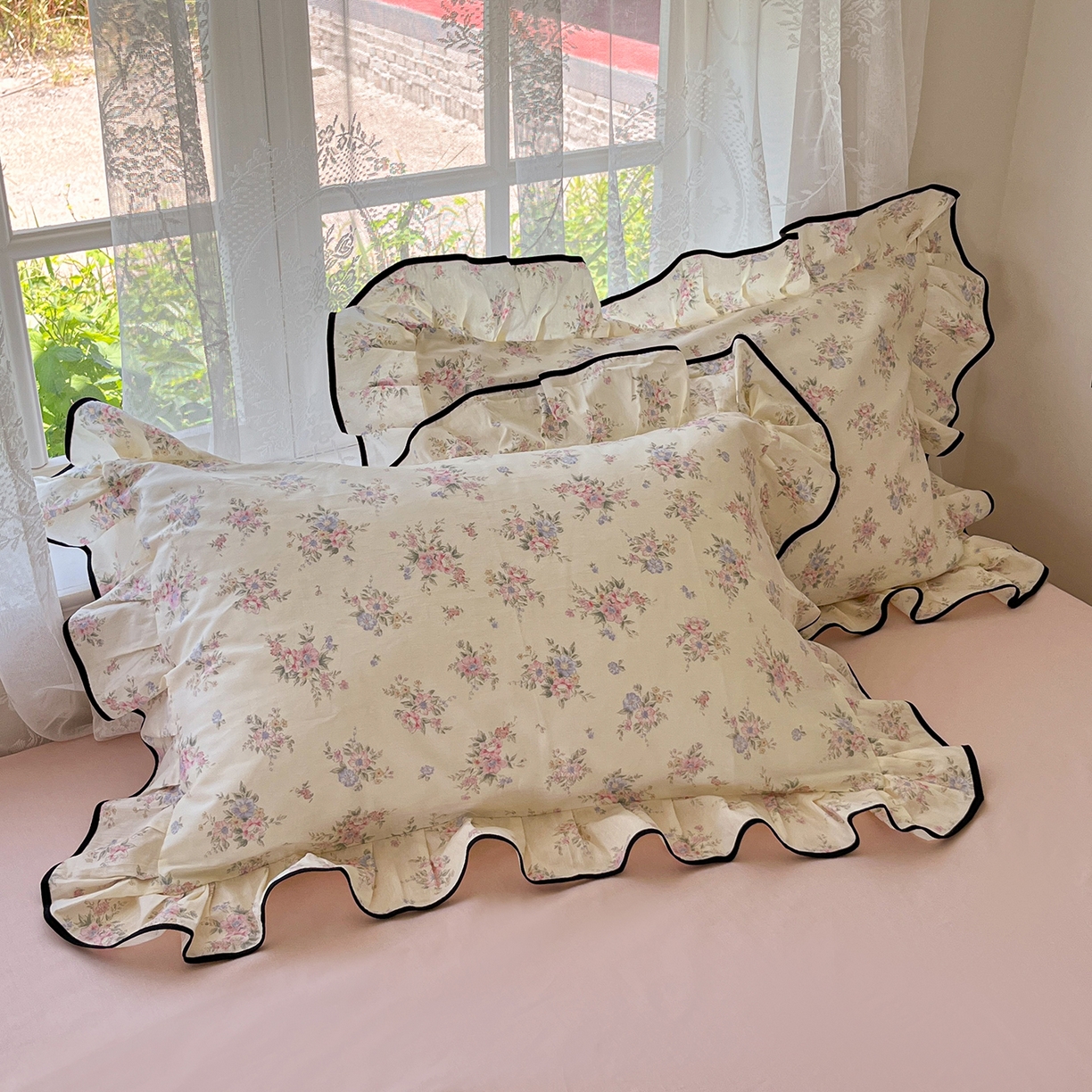 91家纺网 家纺一手货源 找家纺 乐美家纺 2025新款韩版全棉纯棉印花花边四件套 欧风花影（米）