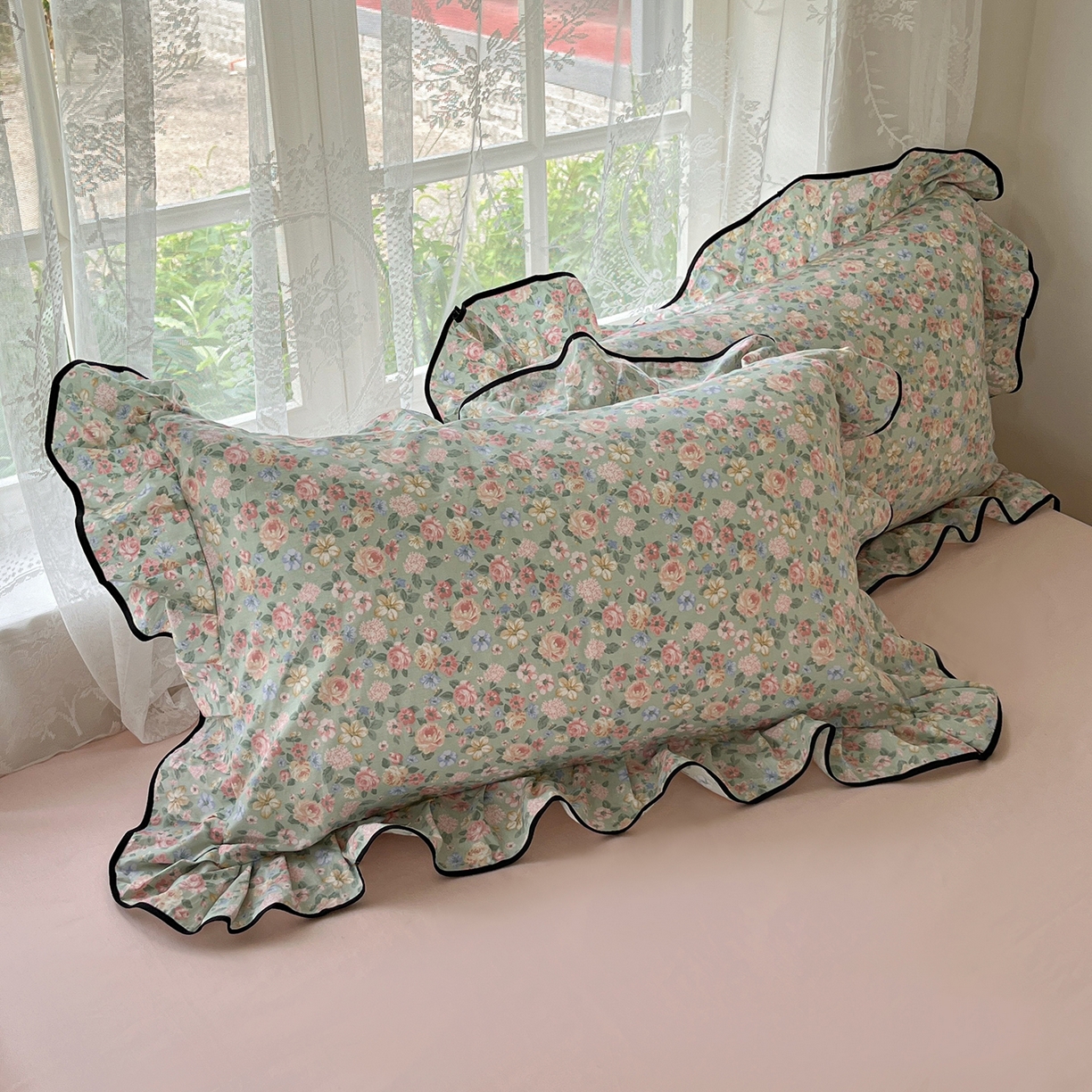 91家纺网 家纺一手货源 找家纺 乐美家纺 2025新款韩版全棉纯棉印花花边四件套 柏林梦境绿