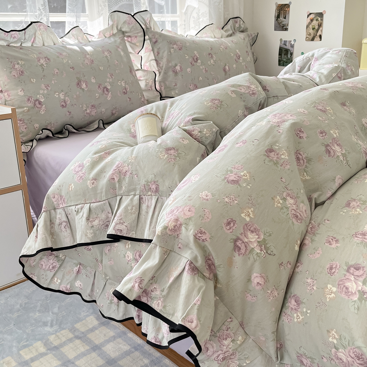 91家纺网 家纺一手货源 找家纺 乐美家纺 2025新款韩版全棉纯棉印花花边四件套 山樱漫语（紫）