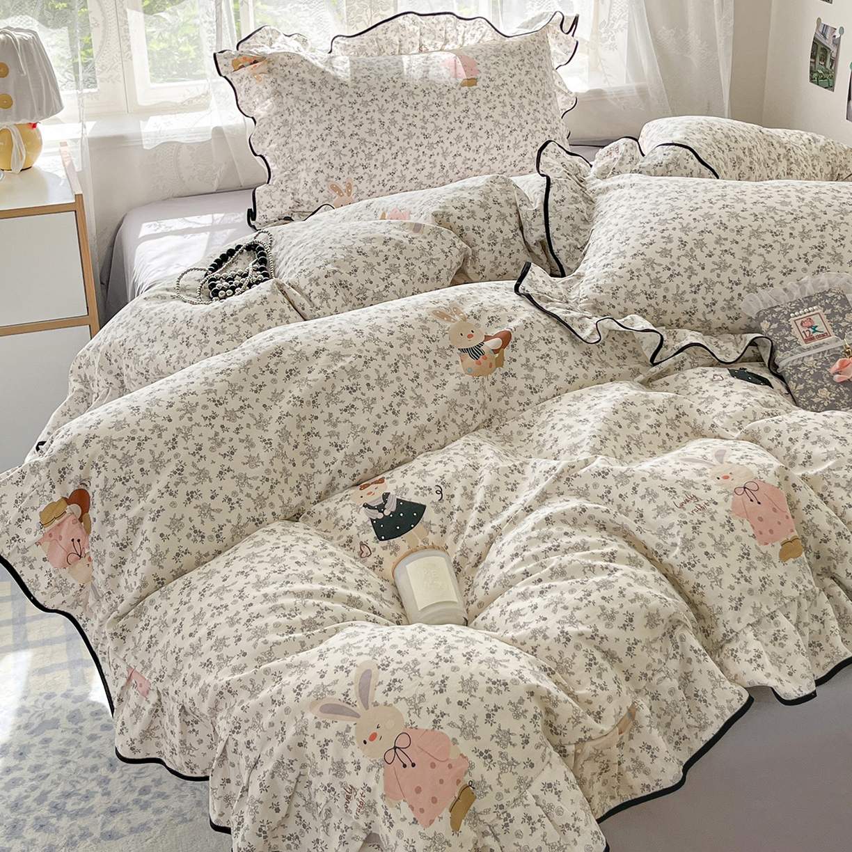 乐美家纺 2025新款韩版全棉纯棉印花花边四件套 哆咪兔