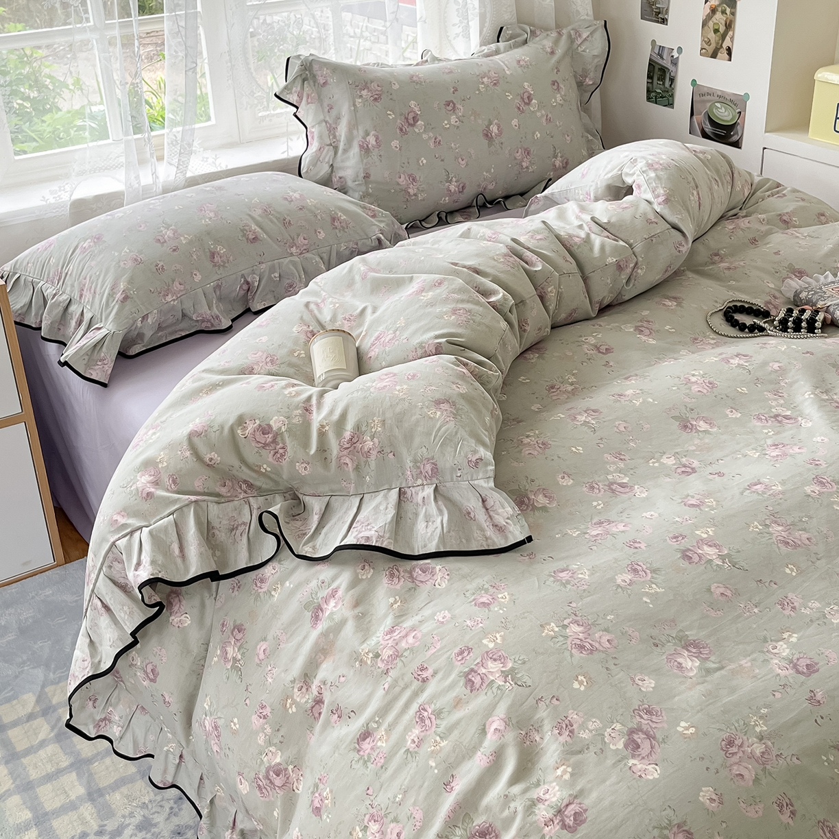 91家纺网 家纺一手货源 找家纺 乐美家纺 2025新款韩版全棉纯棉印花花边四件套 山樱漫语（紫）