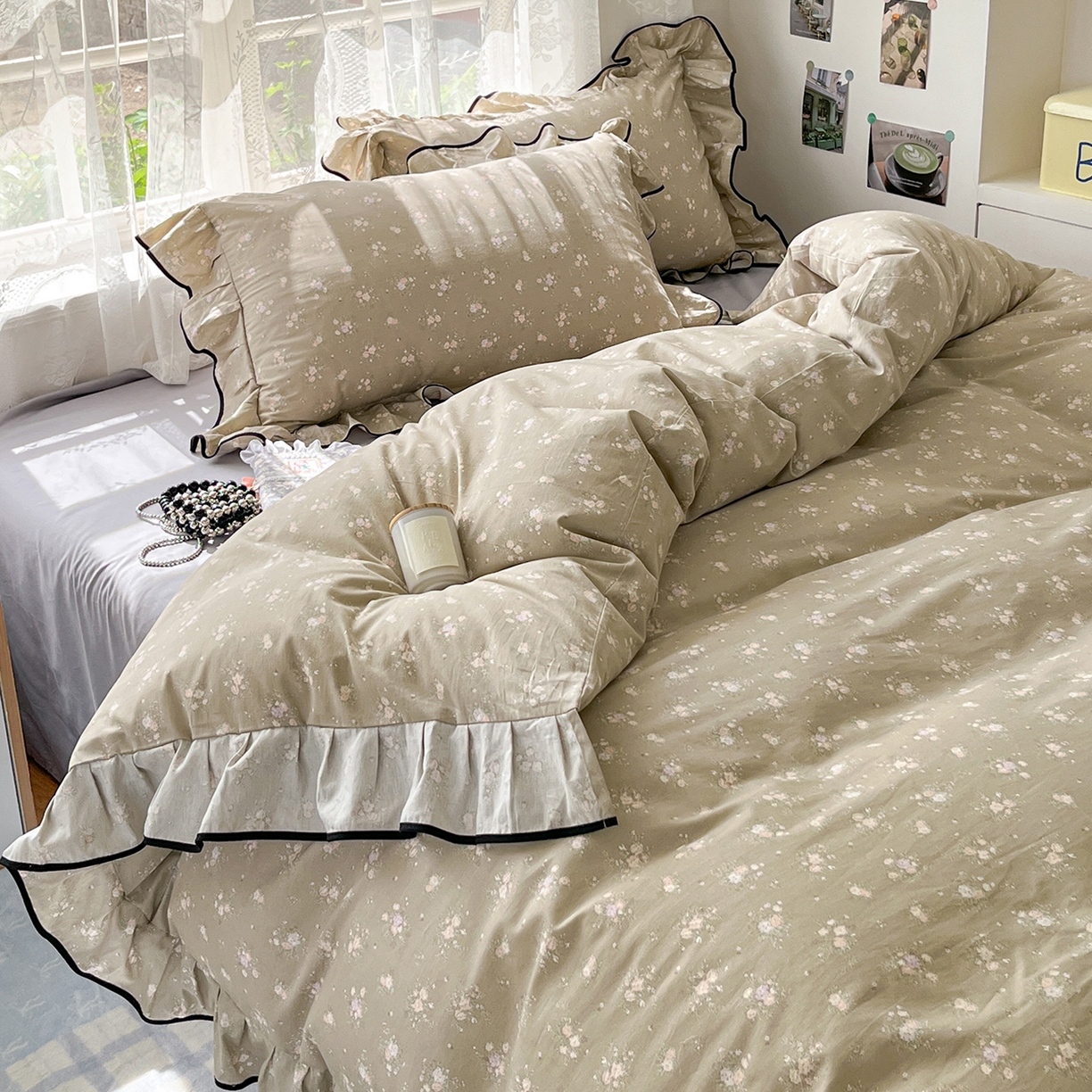 91家纺网 家纺一手货源 找家纺 乐美家纺 2025新款韩版全棉纯棉印花花边四件套 素心影（咖）