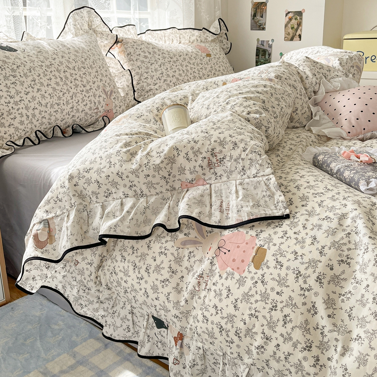 91家纺网 家纺一手货源 找家纺 乐美家纺 2025新款韩版全棉纯棉印花花边四件套 哆咪兔