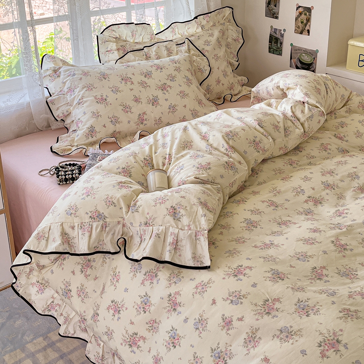 91家纺网 家纺一手货源 找家纺 乐美家纺 2025新款韩版全棉纯棉印花花边四件套 欧风花影（米）