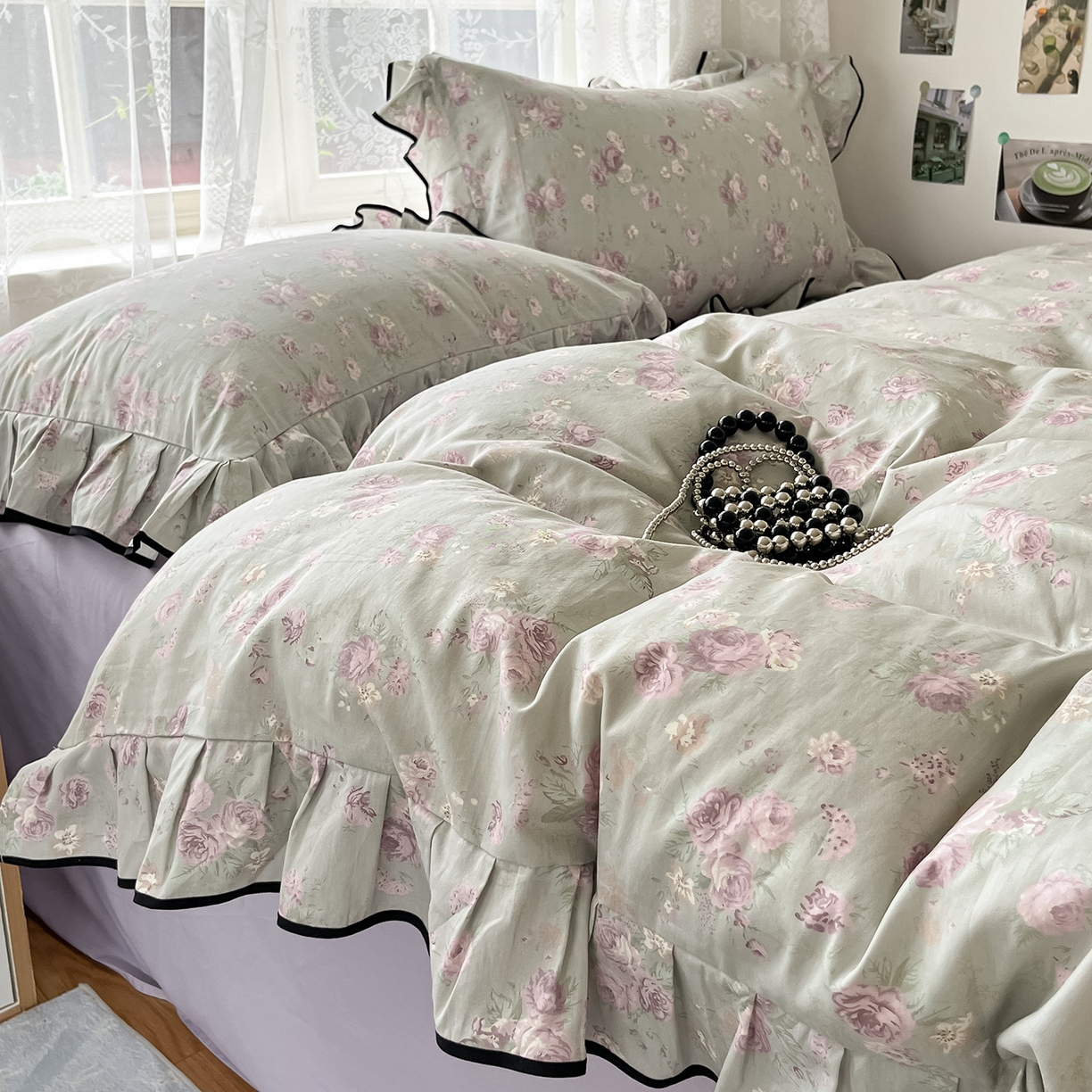 91家纺网 家纺一手货源 找家纺 乐美家纺 2025新款韩版全棉纯棉印花花边四件套 山樱漫语（紫）