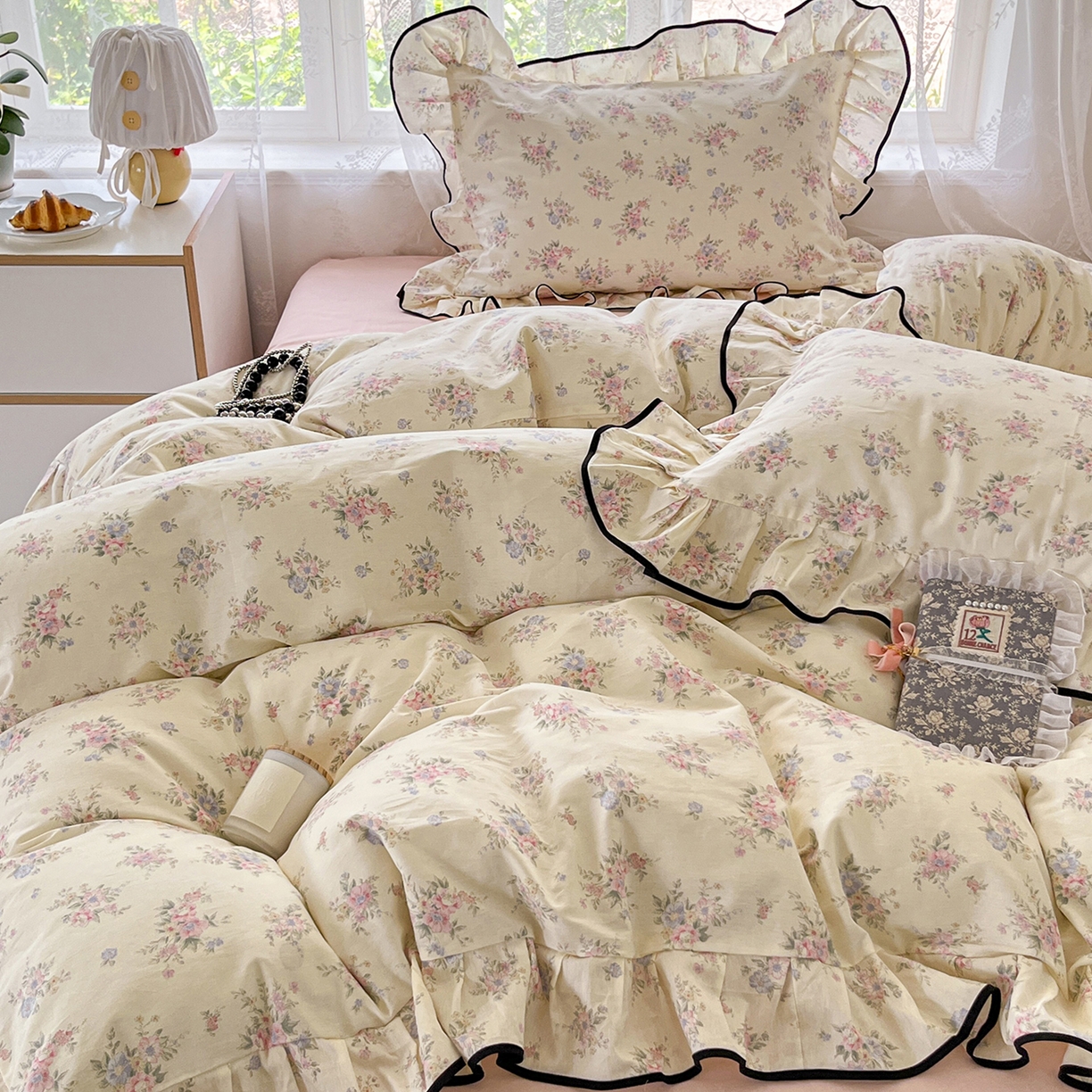 91家纺网 家纺一手货源 找家纺 乐美家纺 2025新款韩版全棉纯棉印花花边四件套 欧风花影（米）