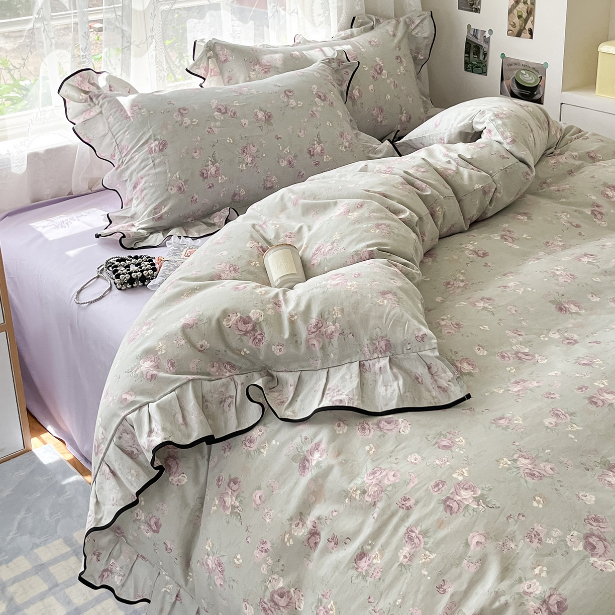 91家纺网 家纺一手货源 找家纺 乐美家纺 2025新款韩版全棉纯棉印花花边四件套 山樱漫语（紫）