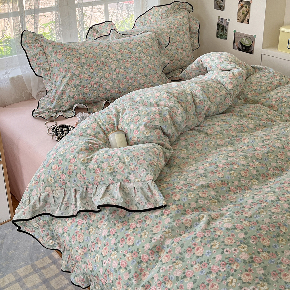 91家纺网 家纺一手货源 找家纺 乐美家纺 2025新款韩版全棉纯棉印花花边四件套 柏林梦境绿