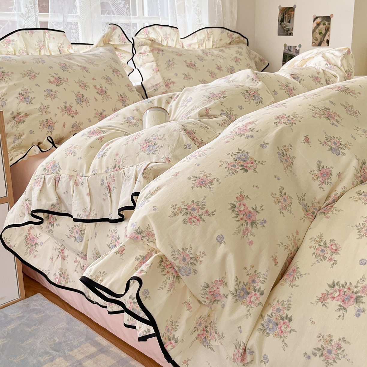 91家纺网 家纺一手货源 找家纺 乐美家纺 2025新款韩版全棉纯棉印花花边四件套 欧风花影（米）