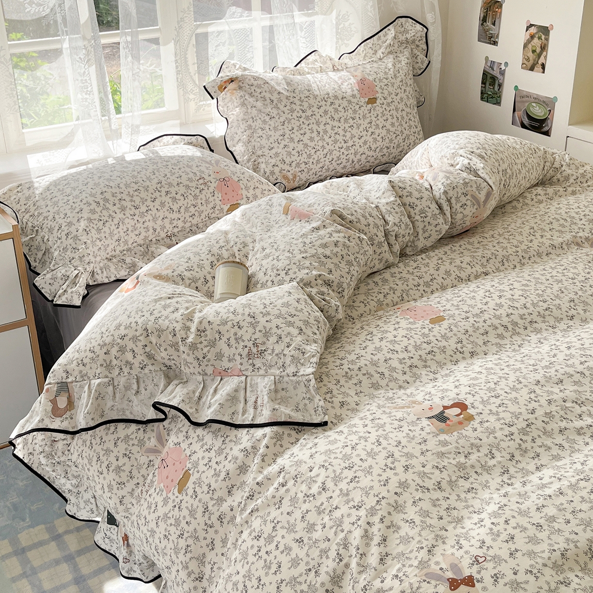 91家纺网 家纺一手货源 找家纺 乐美家纺 2025新款韩版全棉纯棉印花花边四件套 哆咪兔