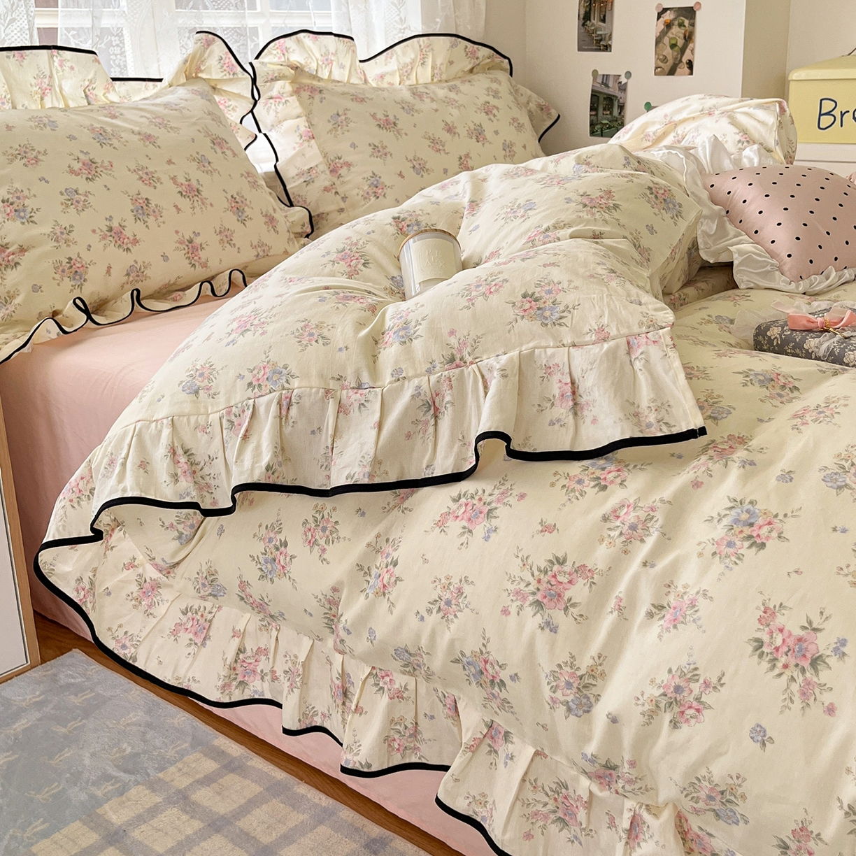 91家纺网 家纺一手货源 找家纺 乐美家纺 2025新款韩版全棉纯棉印花花边四件套 欧风花影（米）