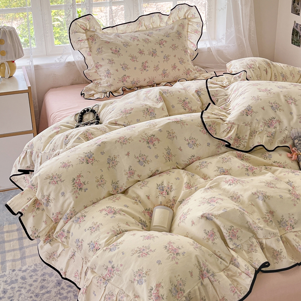 91家纺网 家纺一手货源 找家纺 乐美家纺 2025新款韩版全棉纯棉印花花边四件套 欧风花影（米）