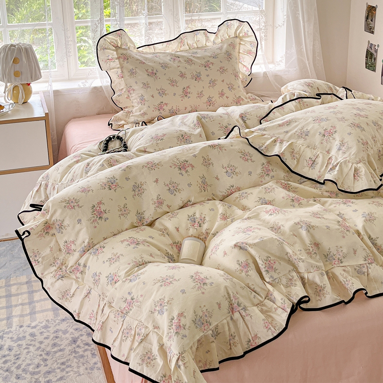乐美家纺 2025新款韩版全棉纯棉印花花边四件套 欧风花影（米）