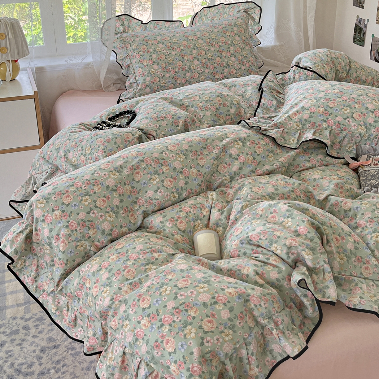 乐美家纺 2025新款韩版全棉纯棉印花花边四件套 柏林梦境绿