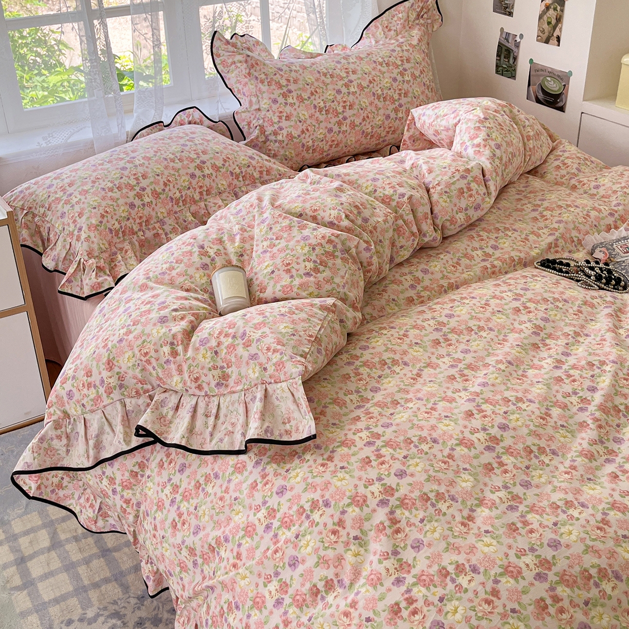 91家纺网 家纺一手货源 找家纺 乐美家纺 2025新款韩版全棉纯棉印花花边四件套 柏林梦境豆沙