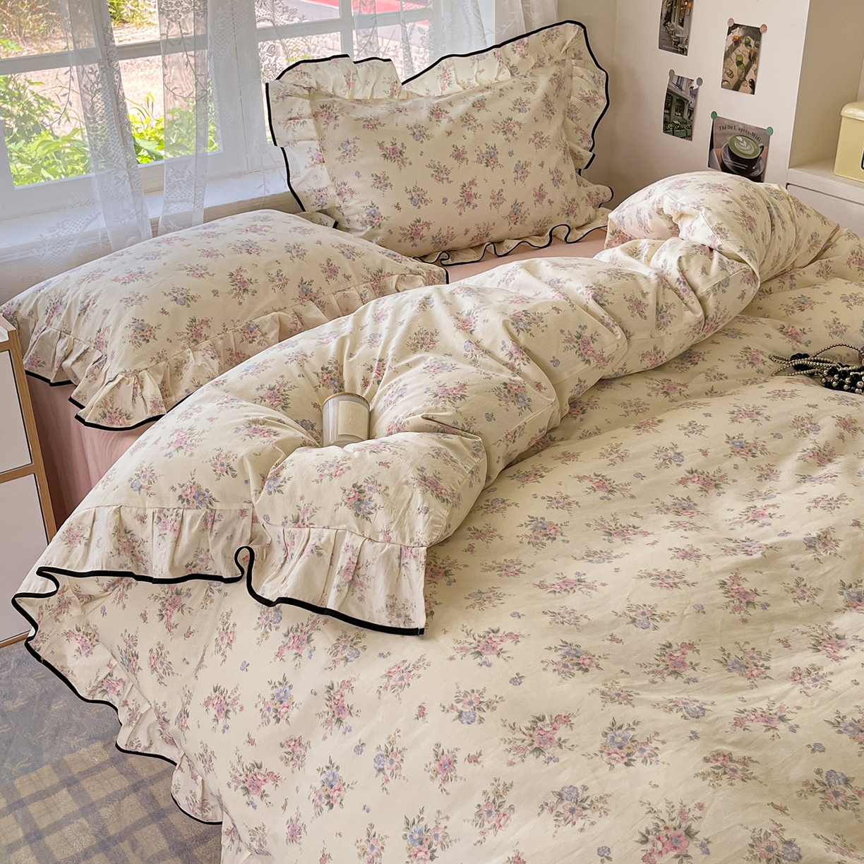 91家纺网 家纺一手货源 找家纺 乐美家纺 2025新款韩版全棉纯棉印花花边四件套 欧风花影（米）