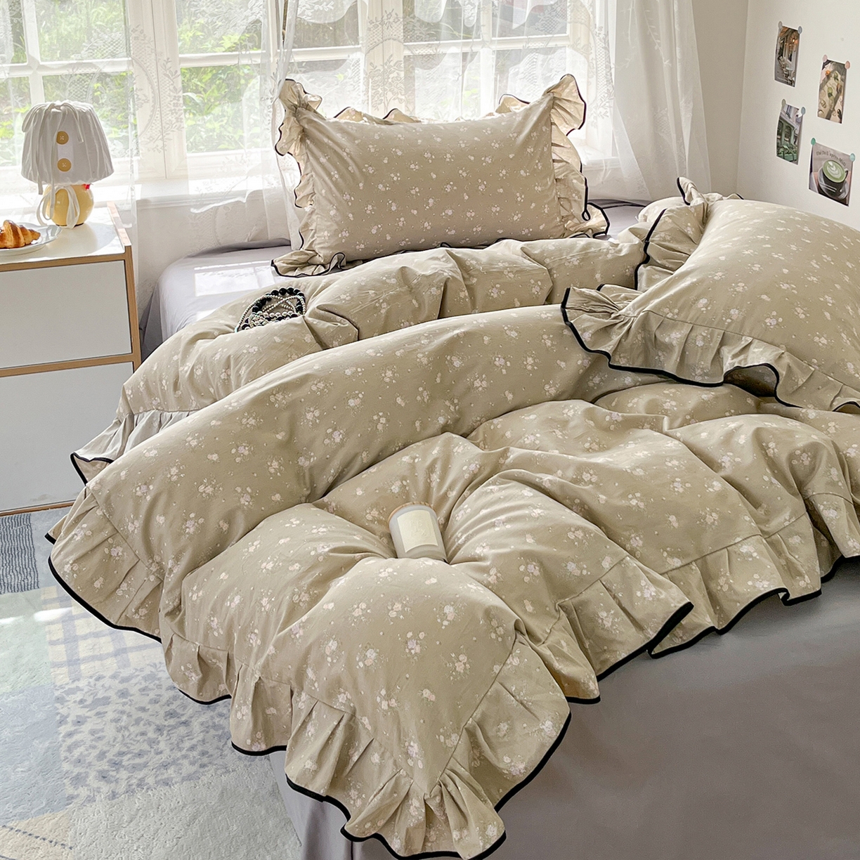 乐美家纺 2025新款韩版全棉纯棉印花花边四件套 素心影（咖）