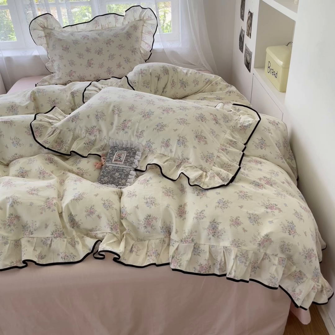 91家纺网 家纺一手货源 找家纺 乐美家纺 2025新款韩版全棉纯棉印花花边四件套 欧风花影（米）