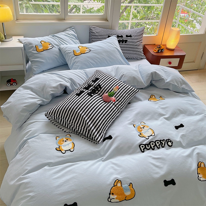 91家纺网 家纺一手货源 找家纺 炫拼家纺 2026新款全棉纯棉磨毛卡通满版绣加厚纯棉四件套-米兜 米兜-柯基波波