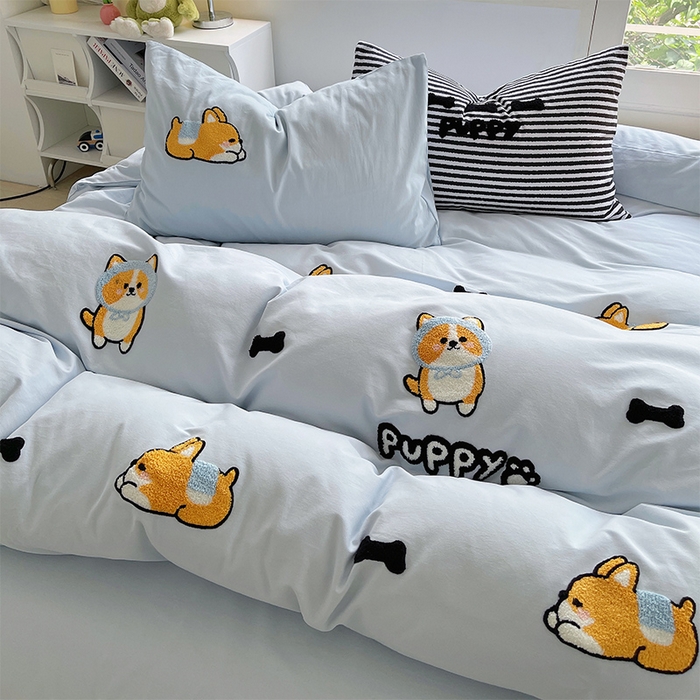 91家纺网 家纺一手货源 找家纺 炫拼家纺 2026新款全棉纯棉磨毛卡通满版绣加厚纯棉四件套-米兜 米兜-柯基波波