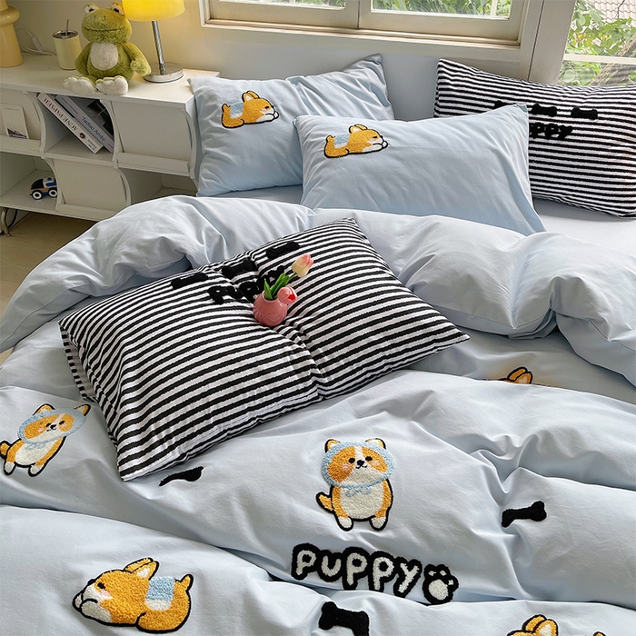 91家纺网 家纺一手货源 找家纺 炫拼家纺 2026新款全棉纯棉磨毛卡通满版绣加厚纯棉四件套-米兜 米兜-柯基波波