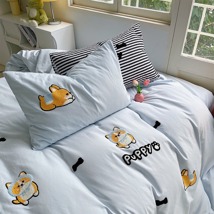 91家纺网 家纺一手货源 找家纺 炫拼家纺 2026新款全棉纯棉磨毛卡通满版绣加厚纯棉四件套-米兜 米兜-柯基波波