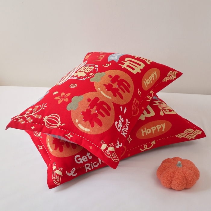 91家纺网 家纺一手货源 找家纺 悦然毛巾被 2025新款全棉纯棉大红纱布四层枕套 枕套单件 柿柿如意