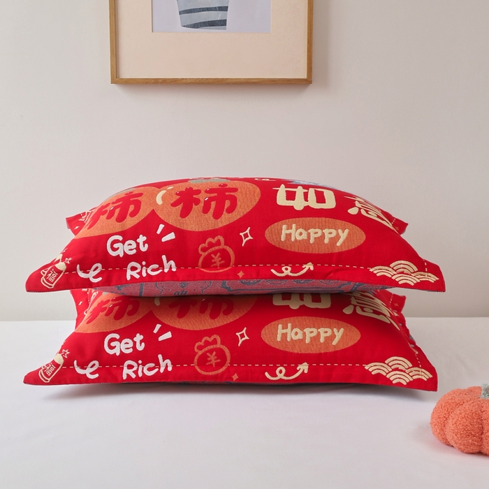 91家纺网 家纺一手货源 找家纺 悦然毛巾被 2025新款全棉纯棉大红纱布四层枕套 枕套单件 柿柿如意