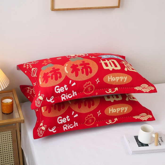 91家纺网 家纺一手货源 找家纺 悦然毛巾被 2025新款全棉纯棉大红纱布四层枕套 枕套单件 柿柿如意