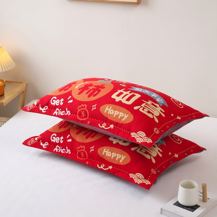 91家纺网 家纺一手货源 找家纺 悦然毛巾被 2025新款全棉纯棉大红纱布四层枕套 枕套单件 柿柿如意