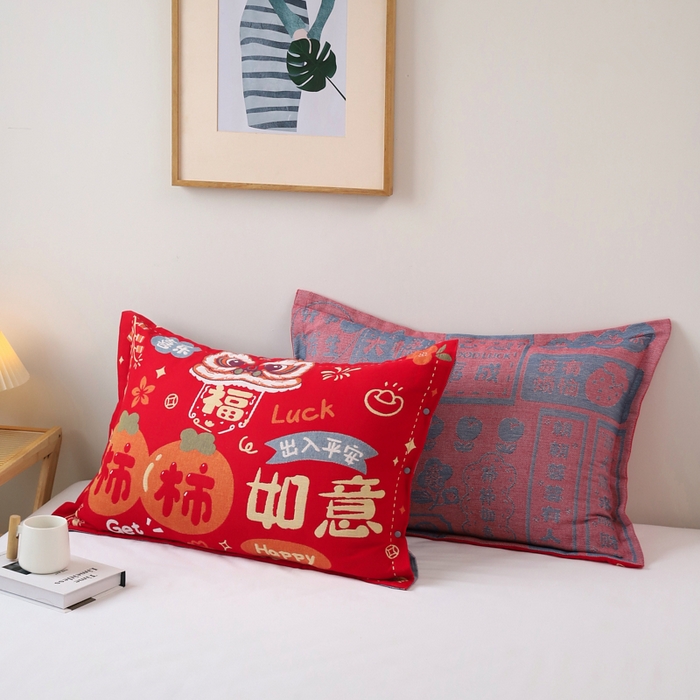 91家纺网 家纺一手货源 找家纺 悦然毛巾被 2025新款全棉纯棉大红纱布四层枕套 枕套单件 柿柿如意