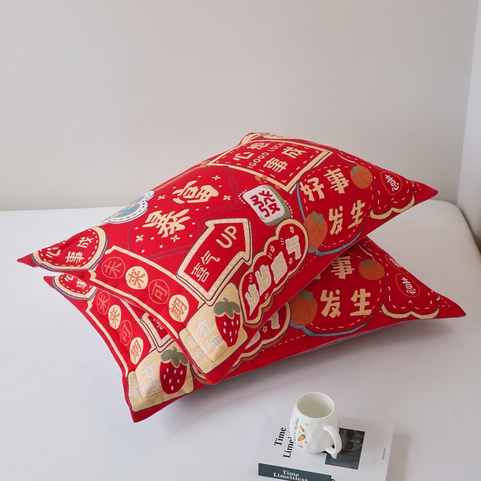 91家纺网 家纺一手货源 找家纺 悦然毛巾被 2025新款全棉纯棉大红纱布四层枕套 枕套单件 心想事成