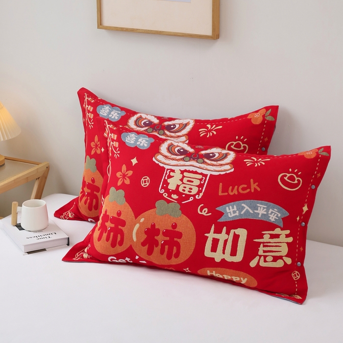 91家纺网 家纺一手货源 找家纺 悦然毛巾被 2025新款全棉纯棉大红纱布四层枕套 枕套单件 柿柿如意