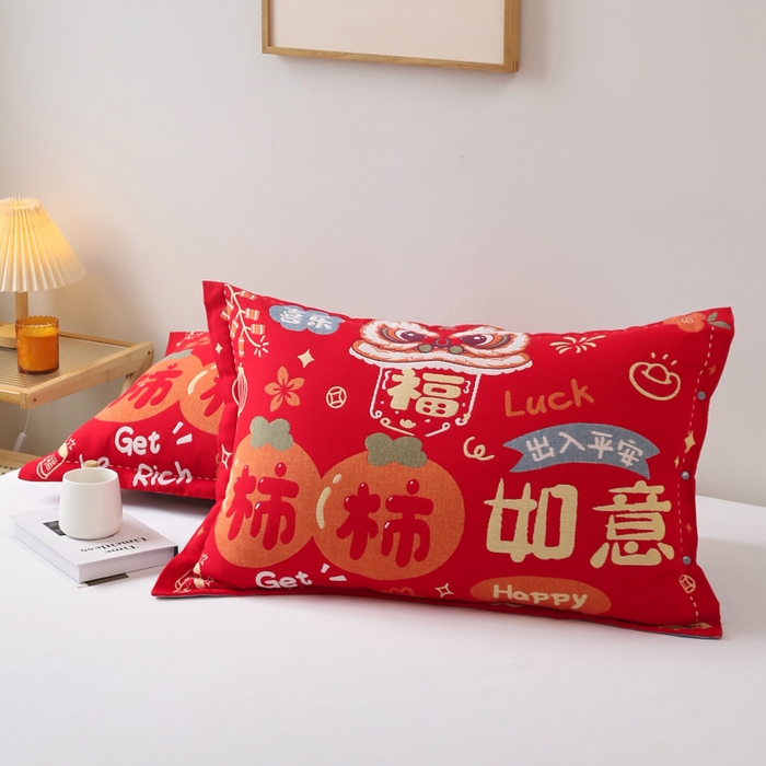 91家纺网 家纺一手货源 找家纺 悦然毛巾被 2025新款全棉纯棉大红纱布四层枕套 枕套单件 柿柿如意