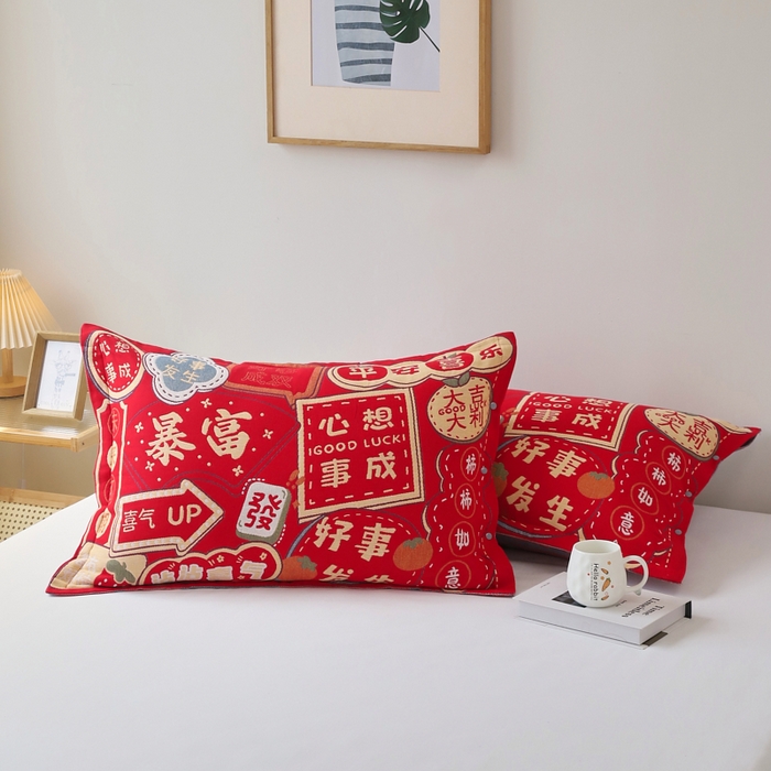 91家纺网 家纺一手货源 找家纺 悦然毛巾被 2025新款全棉纯棉大红纱布四层枕套 枕套单件 心想事成