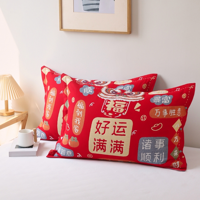 91家纺网 家纺一手货源 找家纺 悦然毛巾被 2025新款全棉纯棉大红纱布四层枕套 枕套单件 好运满满